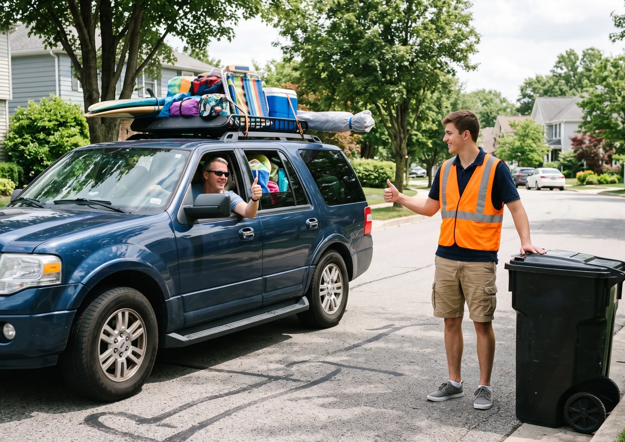 A BinBuddy giving a thumbs up next to an empty bin as a family returns home