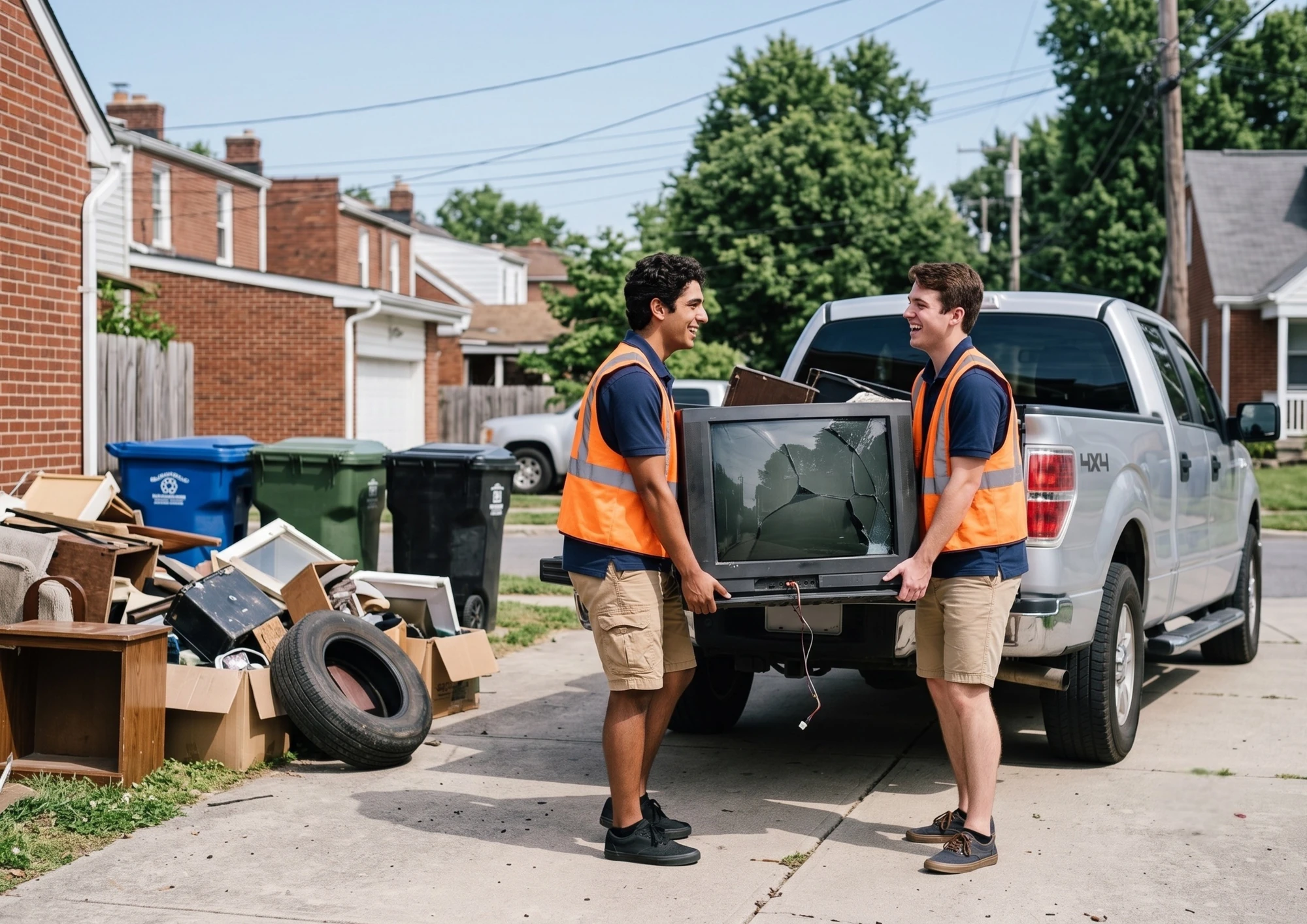 Two BinBuddies loading a broken television into a pickup truck beside a pile of discarded furniture and boxes